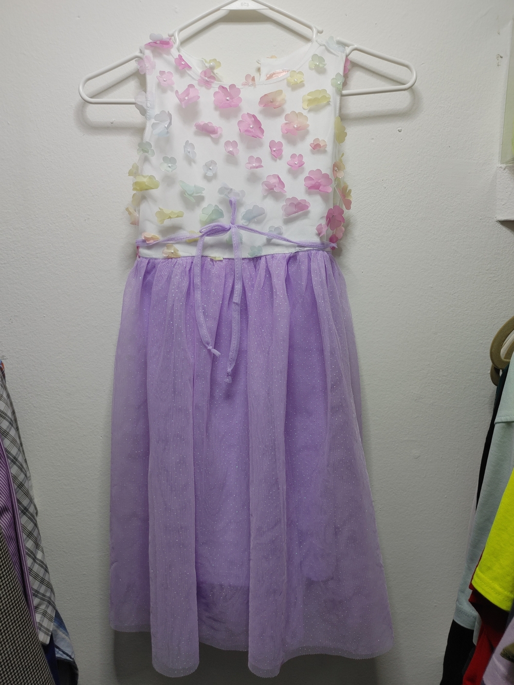Girls Lavender Flower Appliqué Dress - White & Purple
